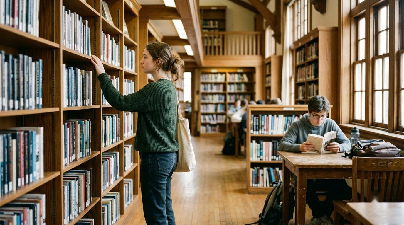 Students in a wood-panelled school library, one browsing shelves, another reading at a table.