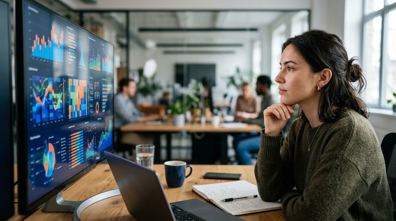 A person studying analytics charts on a large monitor, colleagues meeting in the background.