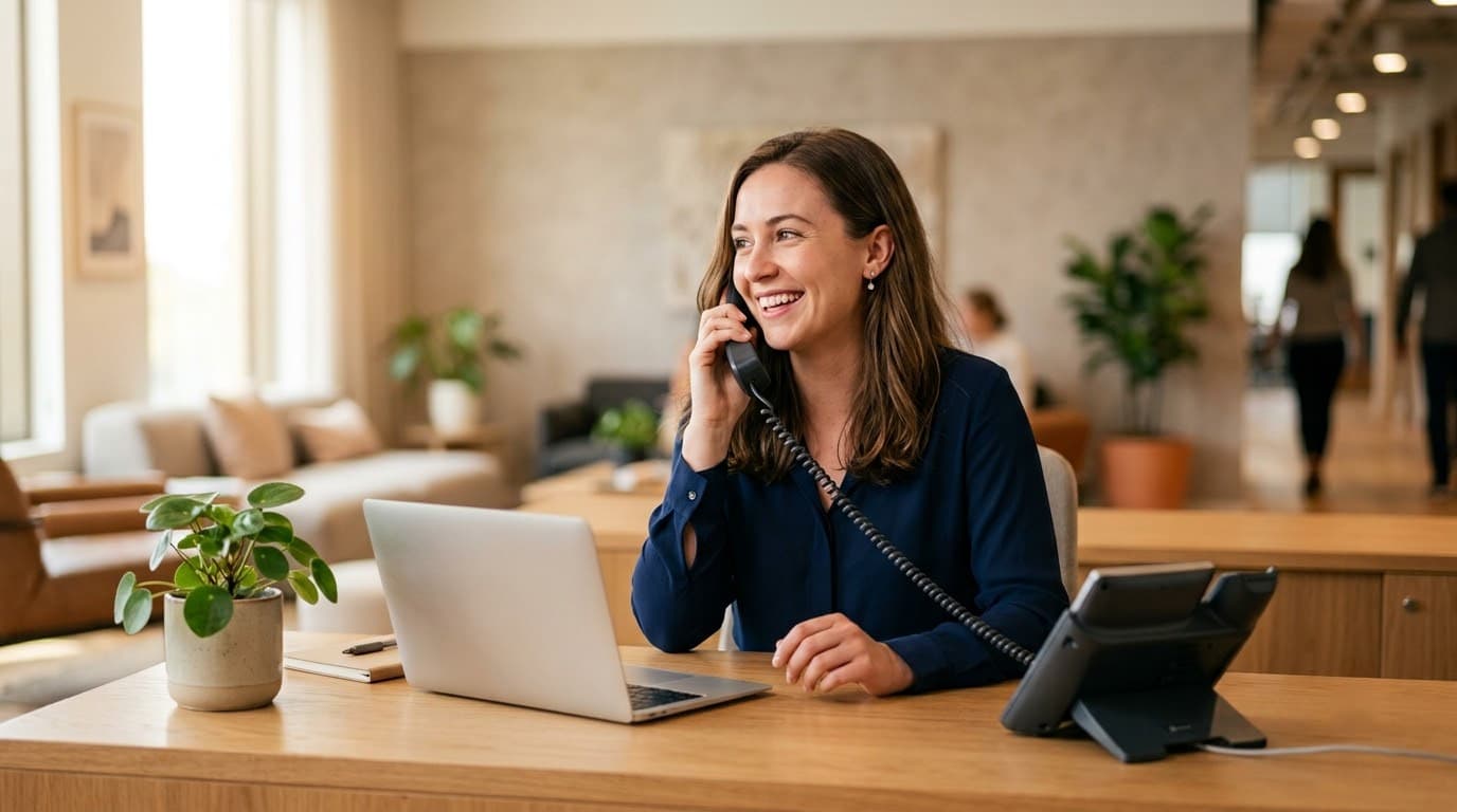 A staff member smiling on the phone at a reception desk.