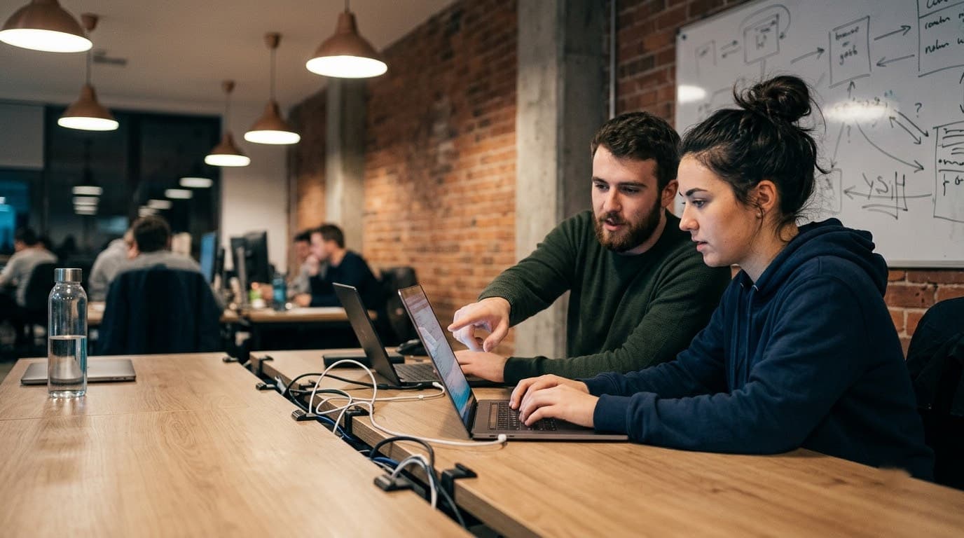 Two people working through code together at a laptop, in an open brick-walled workspace.