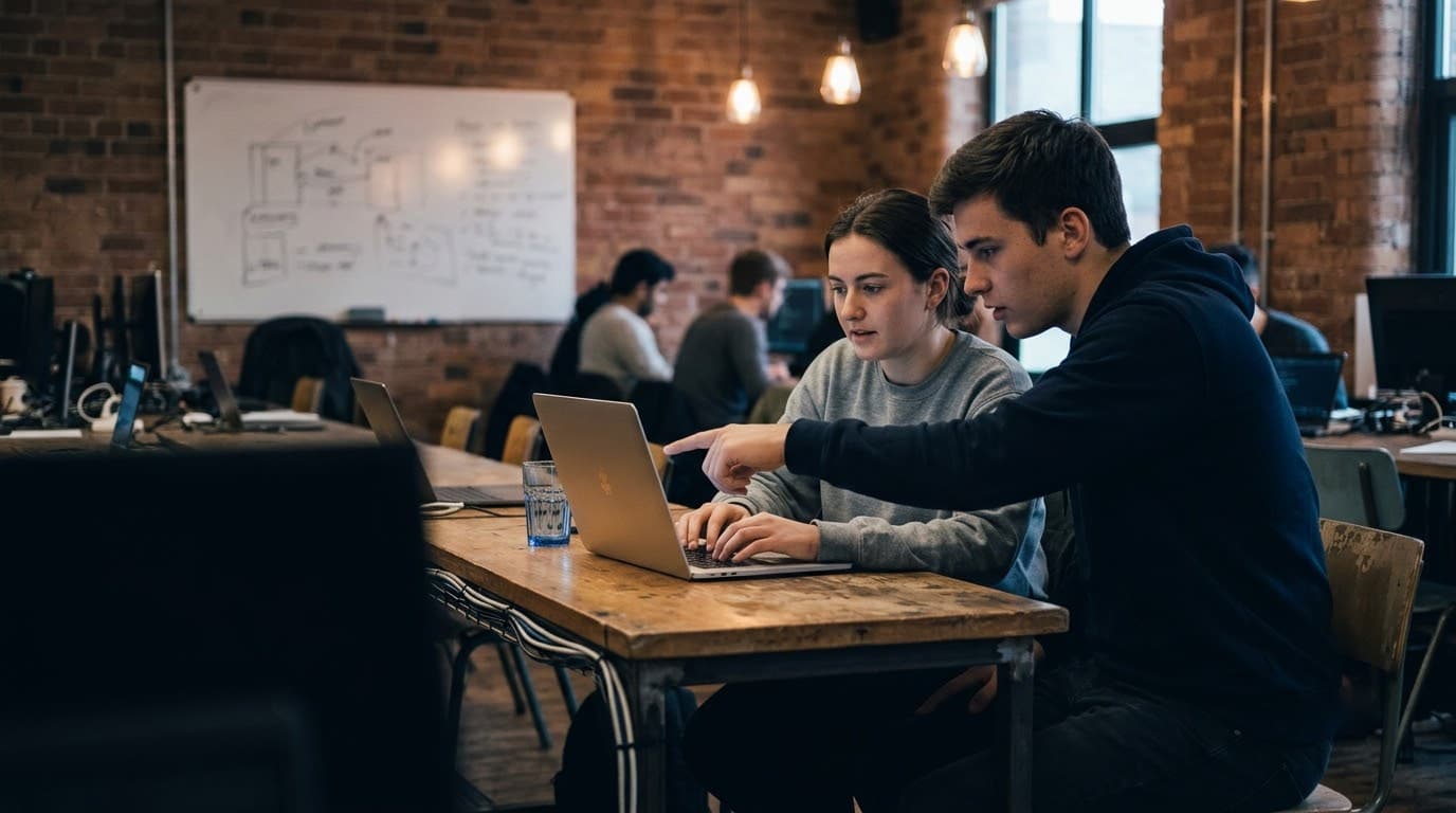 Two people reviewing a system diagram on a whiteboard beside their laptop in an open workspace.
