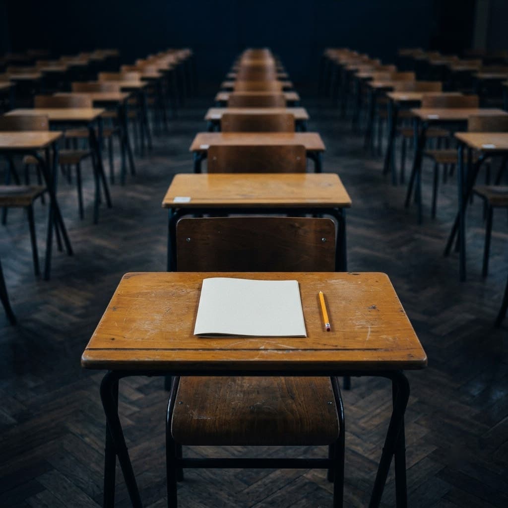 Rows of empty exam desks, a single desk in the foreground holding an answer sheet and a pencil.