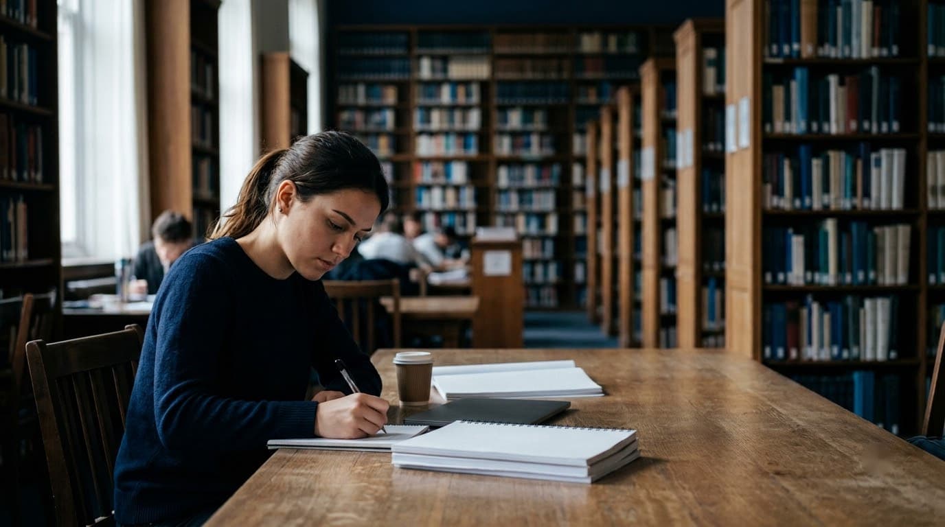 A student writing in a notebook at a wooden desk.