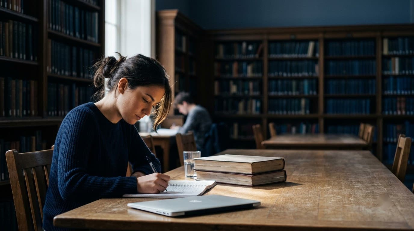 A student working through notes at a university library table lined with bookshelves.