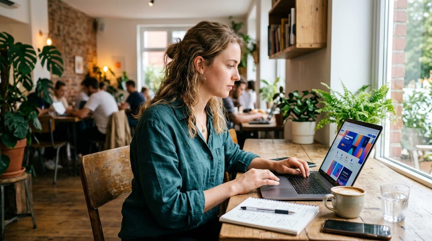 A person building a website in a page-builder interface on a laptop, in a cafe.