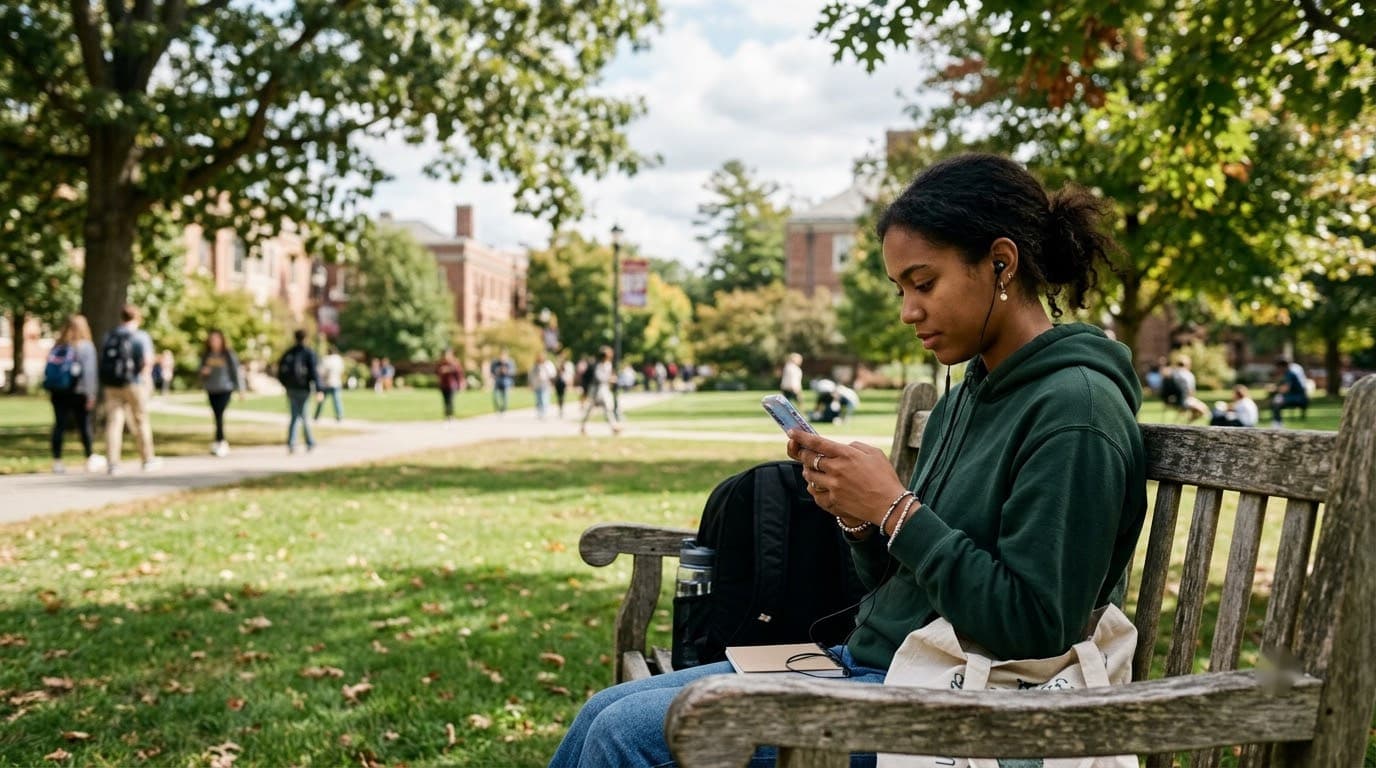 A student sitting on a campus bench checking her phone with earbuds in.