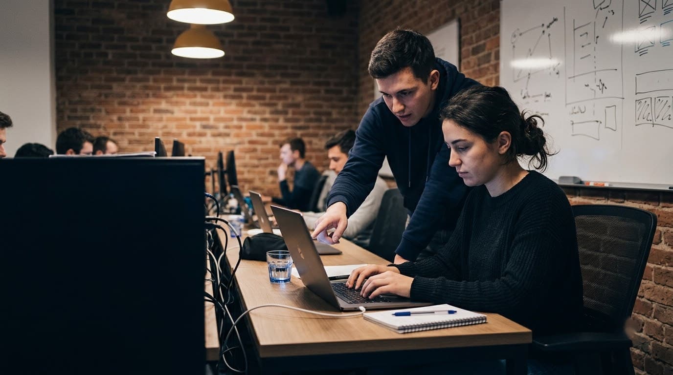 Two young adults working through an exercise together at a shared desk.