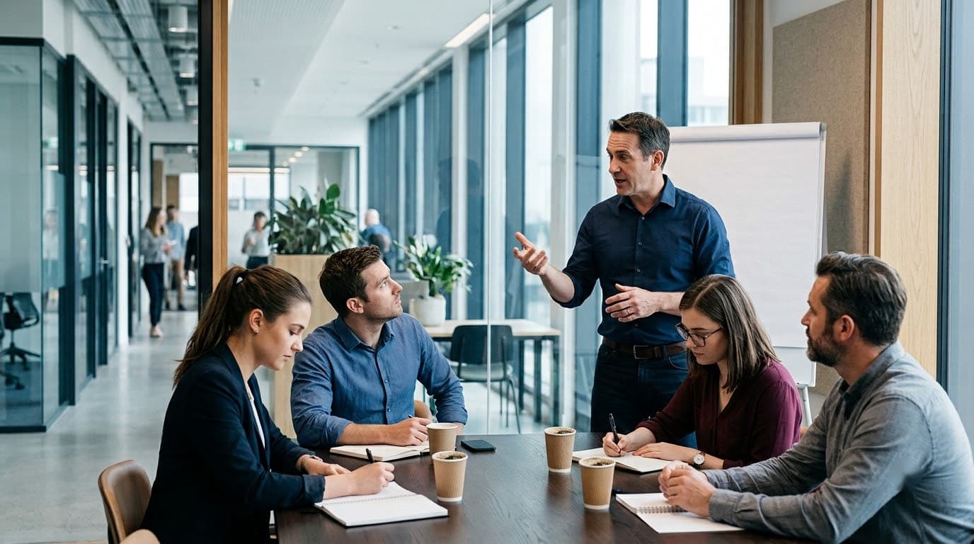 A facilitator leading a small group training session around a table.
