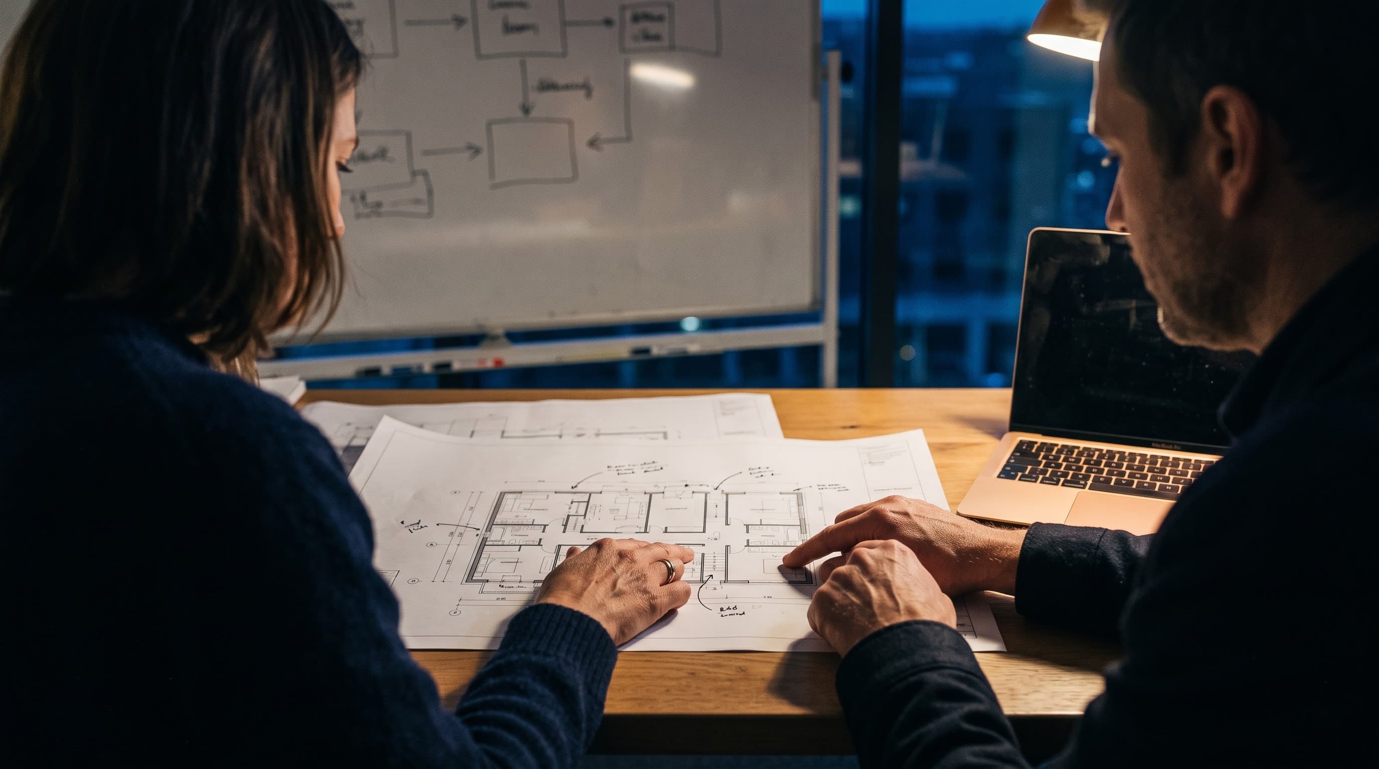 Two people reviewing a floor-plan style architecture diagram on paper, a laptop open beside them.