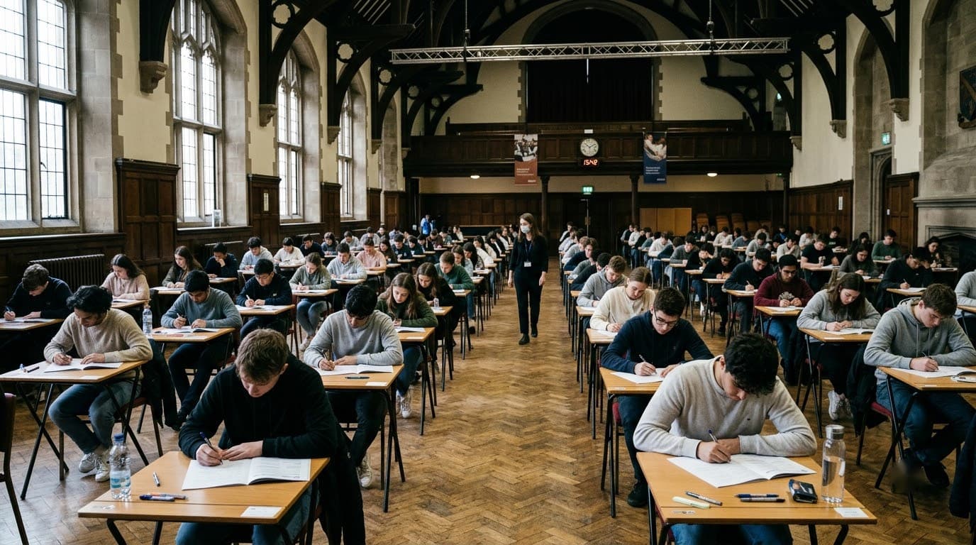 Rows of students writing at desks in a formal exam hall, an invigilator walking between rows.