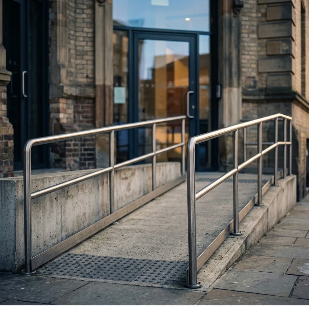 A wheelchair ramp with metal railings leading up to a building entrance.