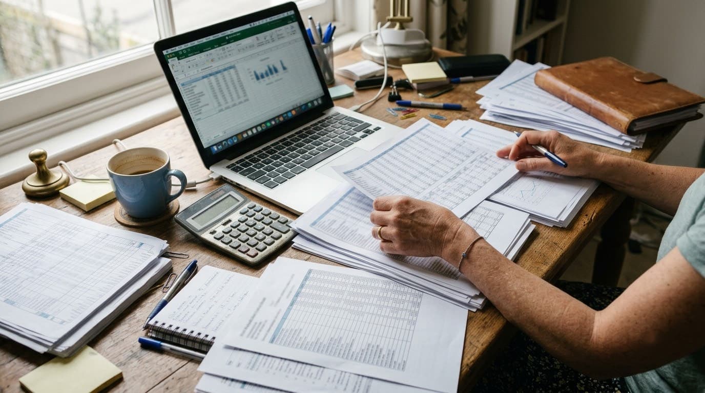Hands sorting printed spreadsheet pages beside a laptop showing a data table, a calculator and a coffee cup nearby.
