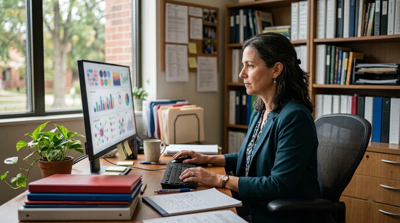 A school administrator at a desk reviewing a dashboard, binders and files organised on shelves behind her.