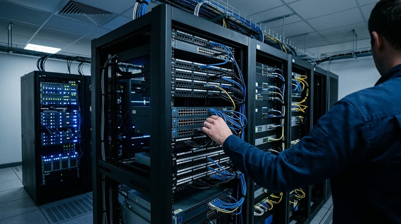 A technician adjusting a cable in a rack of servers.