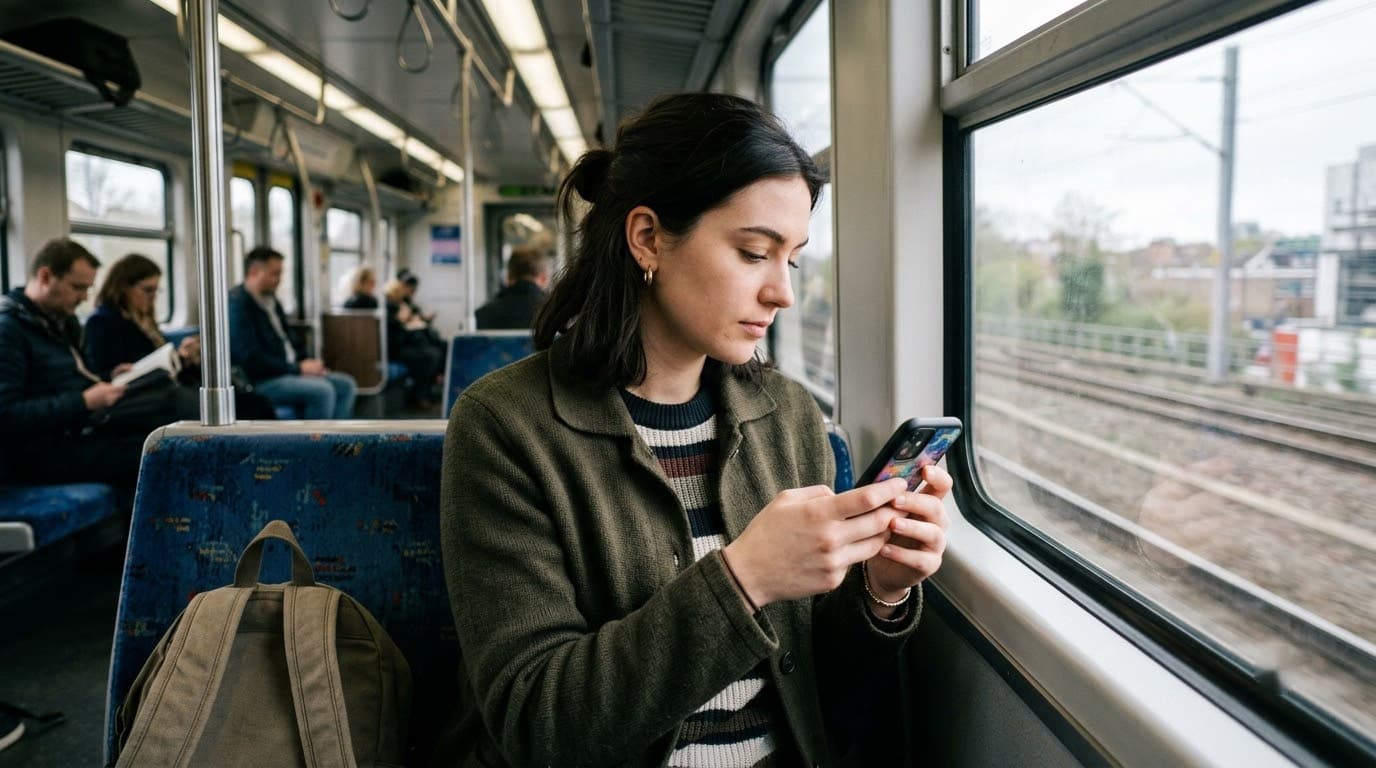 A commuter checking her phone on a train.