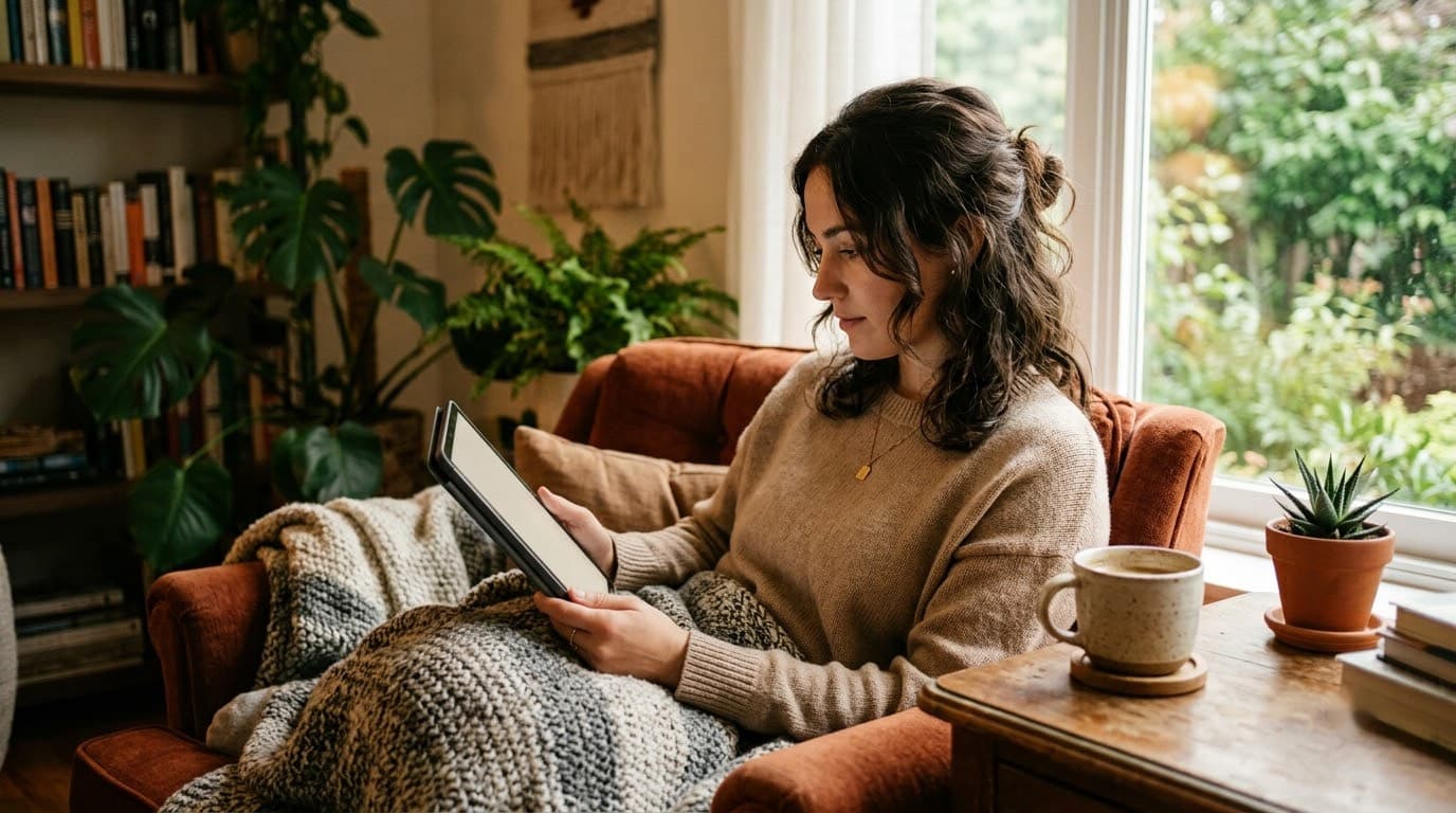 A person reading on a tablet, relaxed on a couch at home.