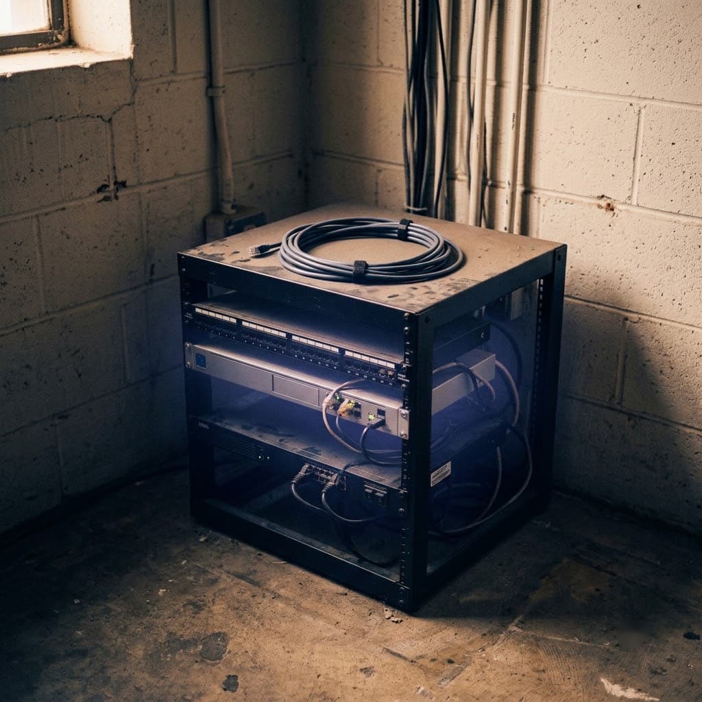 A server rack in a utility room, its network cabling visible through the open frame.