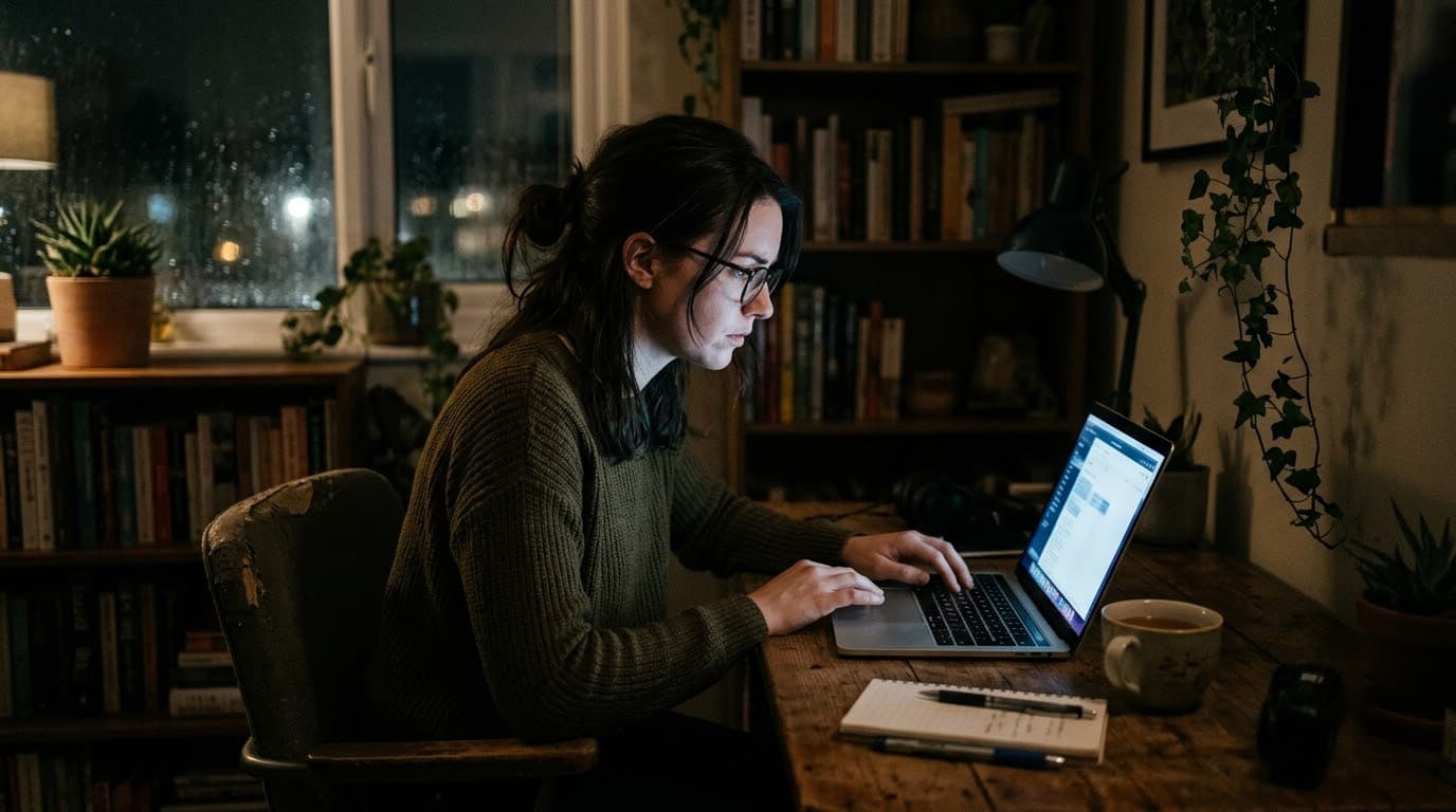 A person working alone on a laptop in a dim room at night, lit by the screen and a desk lamp.