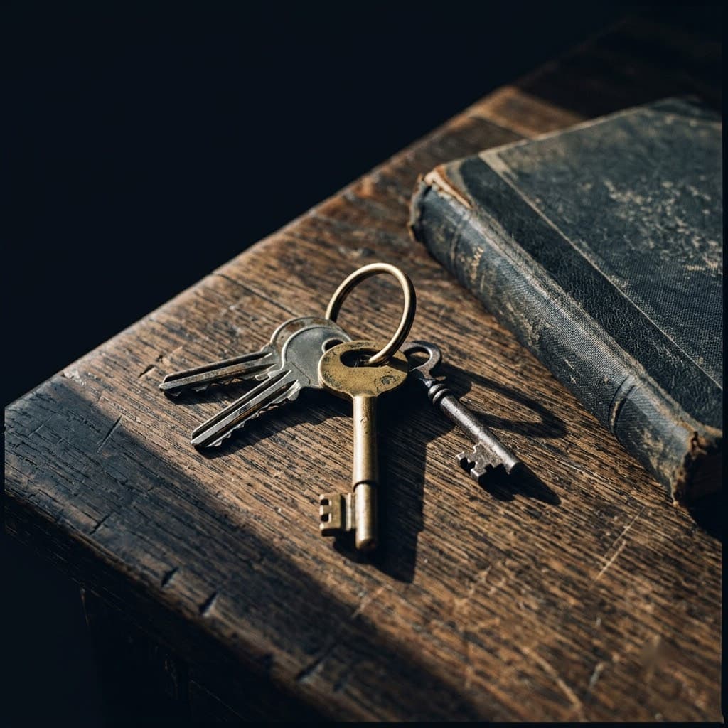 A set of brass keys resting on an old ledger, on a wooden desk.