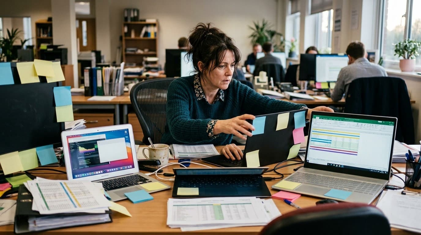 An administrator surrounded by three open laptops, sticky notes and papers, looking overwhelmed.