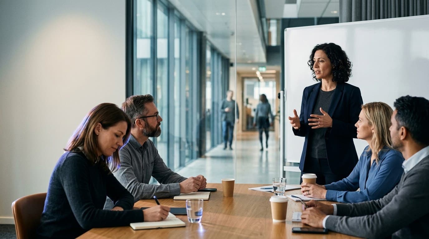 A facilitator leading a training session around a conference table.