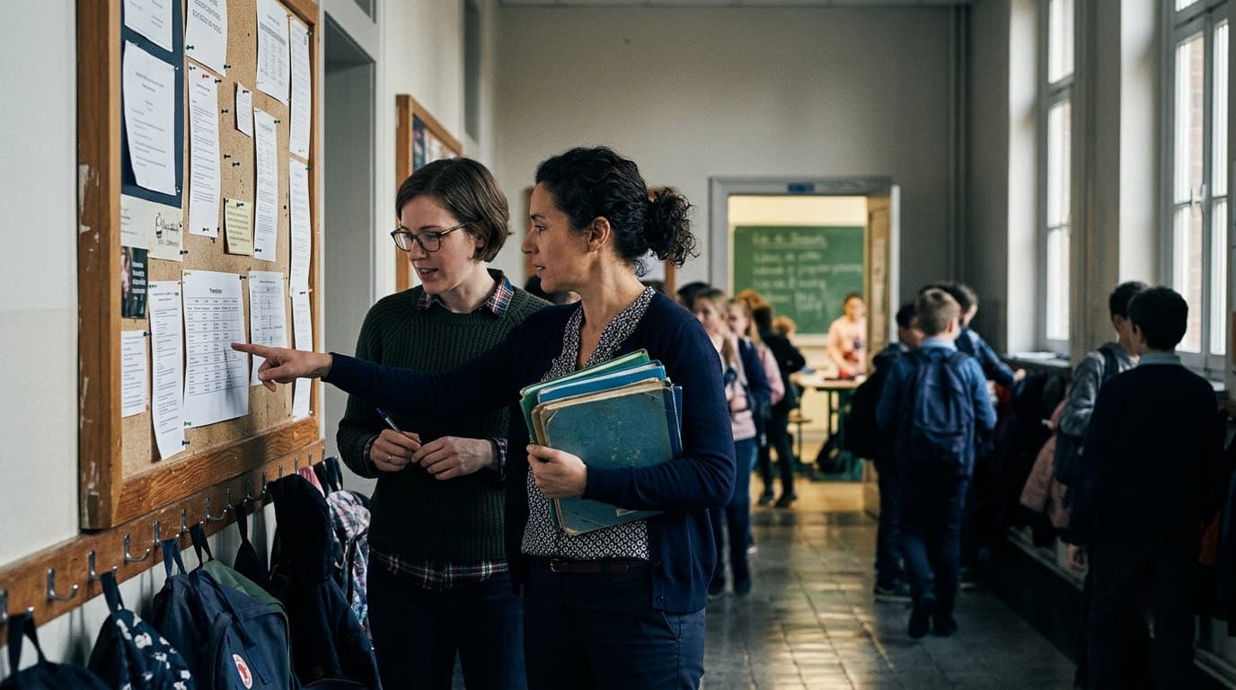Teachers reviewing a printed timetable in a school corridor between periods.