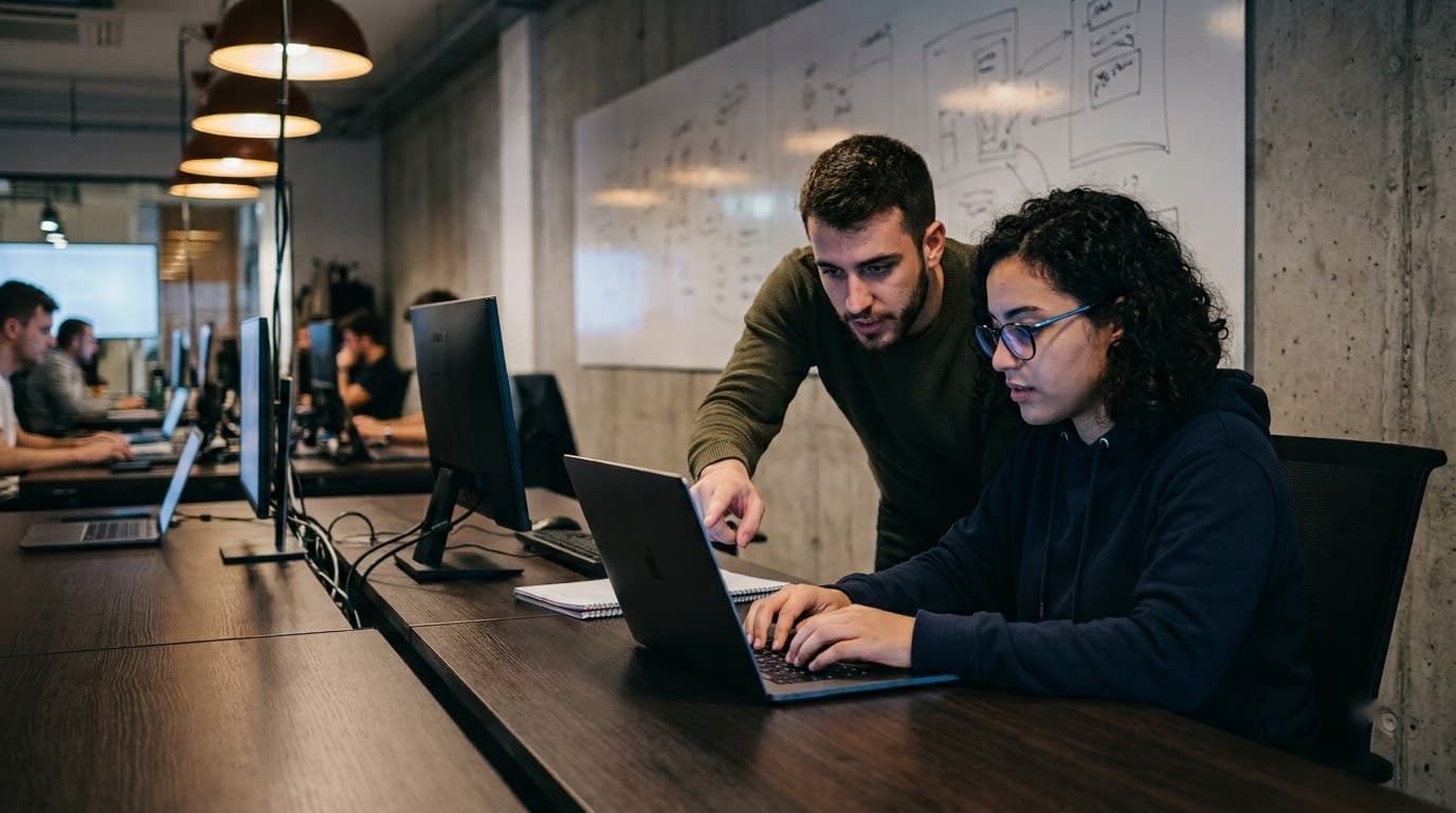 Two trainees working through an exercise on a shared laptop in a bootcamp computer lab.