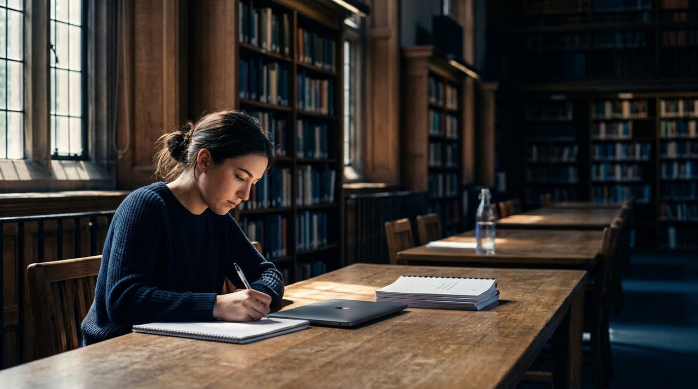 A student working through notes at a university library table.