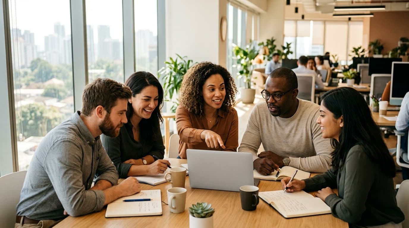 Five colleagues gathered around a laptop in a bright office, a city view behind them.