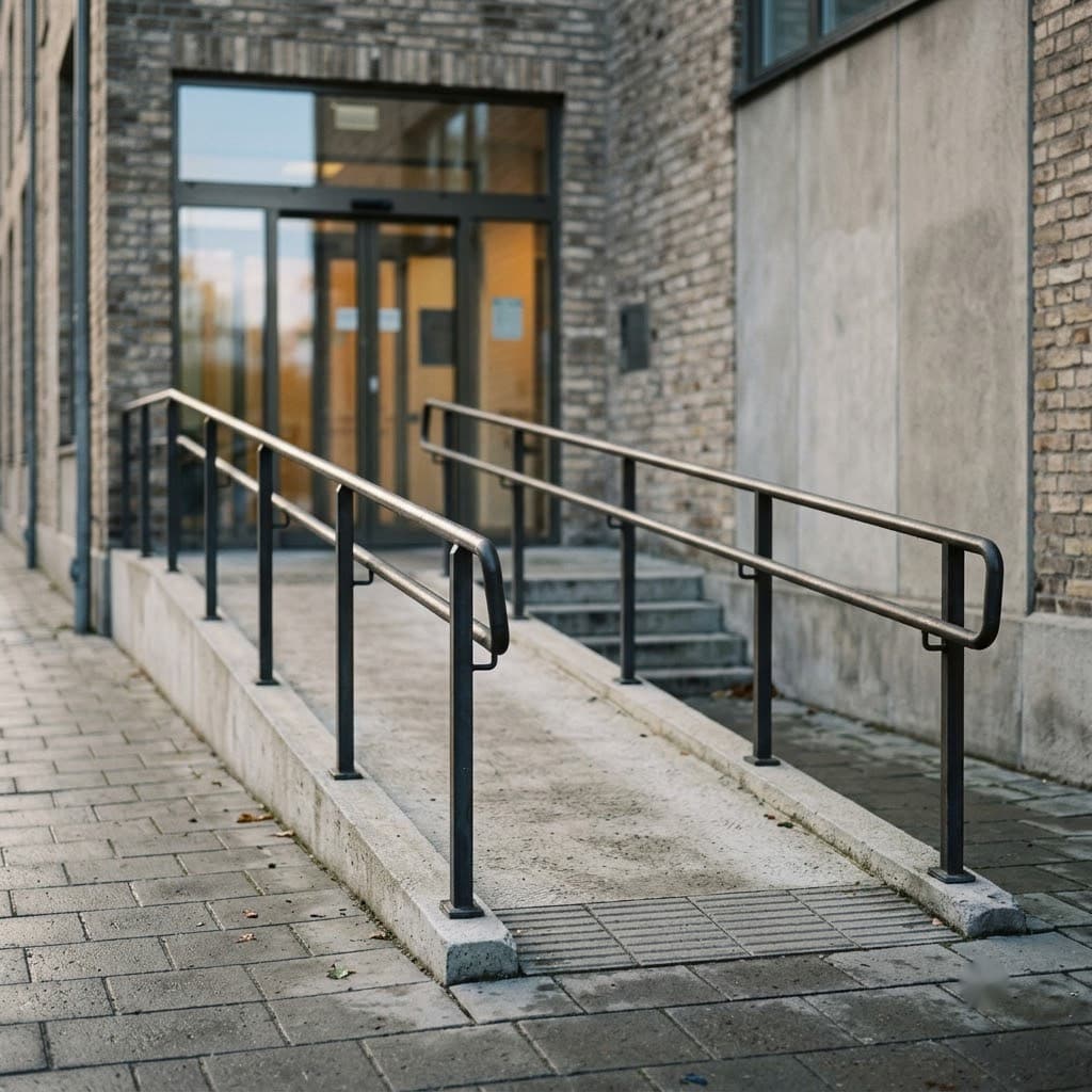 A wheelchair ramp with handrails leading up to a building entrance.
