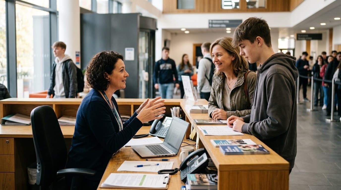 A staff member at a reception desk helping a parent and a student.