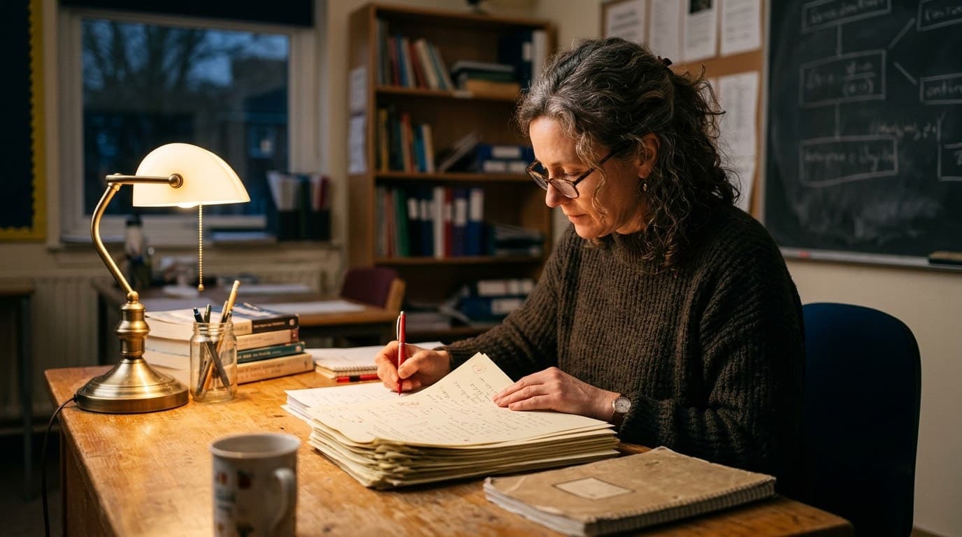 A teacher grading papers at a desk, a blackboard visible behind her.
