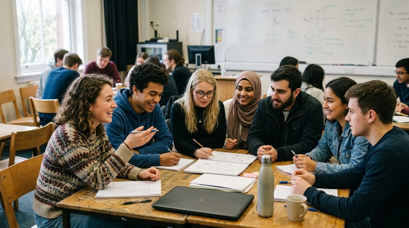 A group of students collaborating around a table in a classroom, a whiteboard behind them.