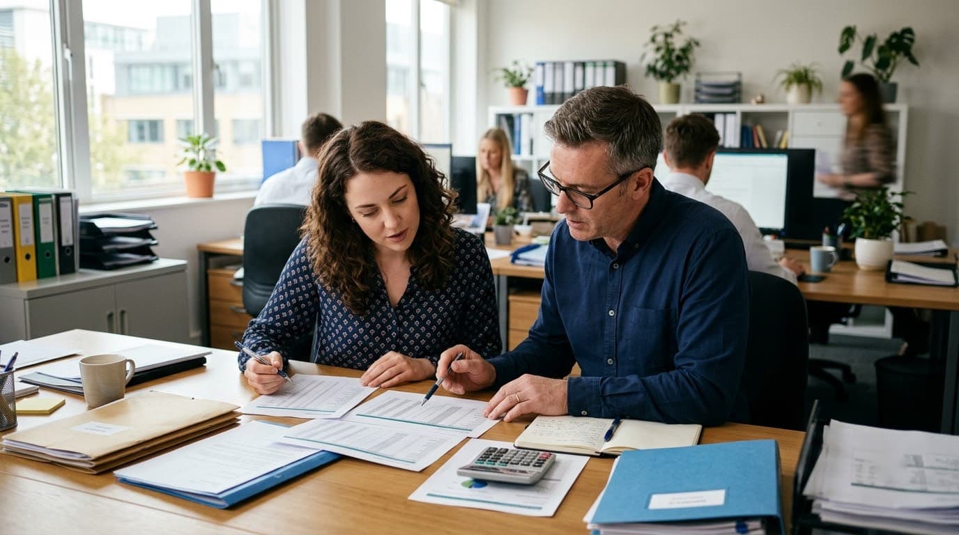 Two colleagues reviewing printed documents with a calculator in an office.