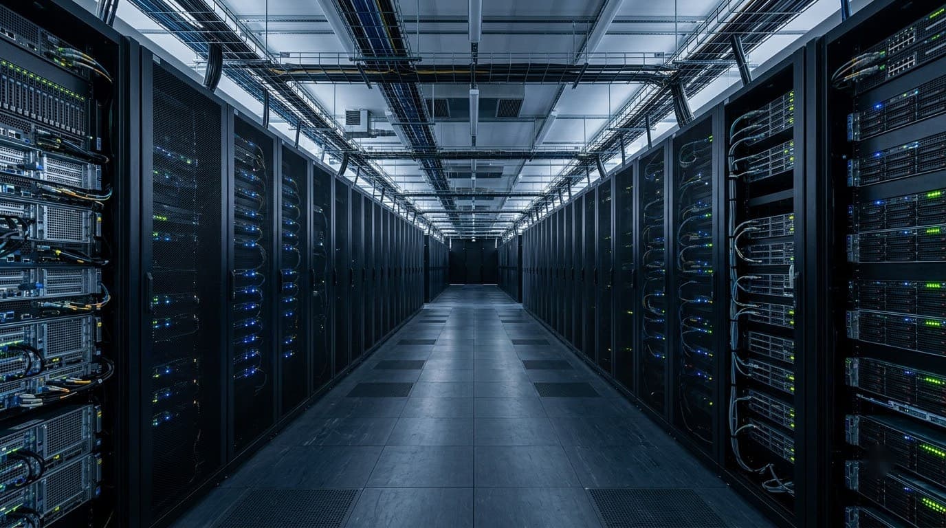 A wide view down a data centre aisle of server racks with status lights.