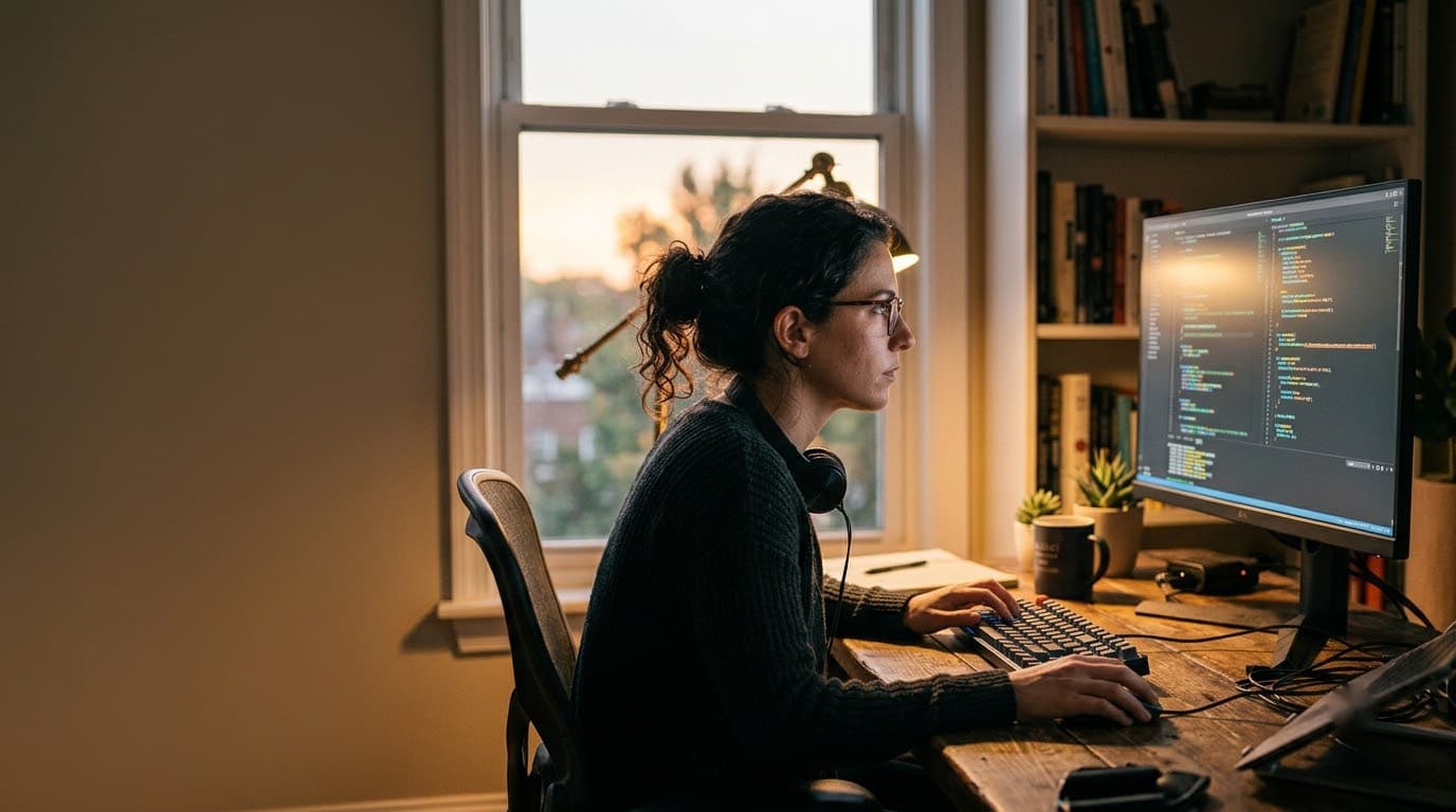 A developer coding at a desk with dual monitors, warm evening light.
