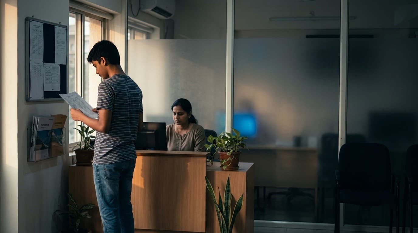 A prospective student reading an enquiry notice board while a staff member works at the reception desk behind it.