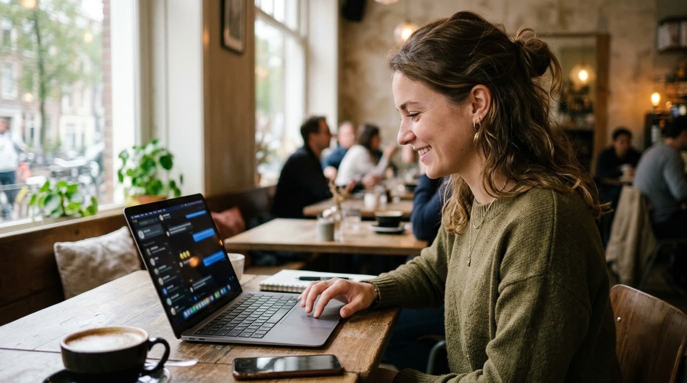 A person using a chat-style AI tool on a laptop in a cafe.