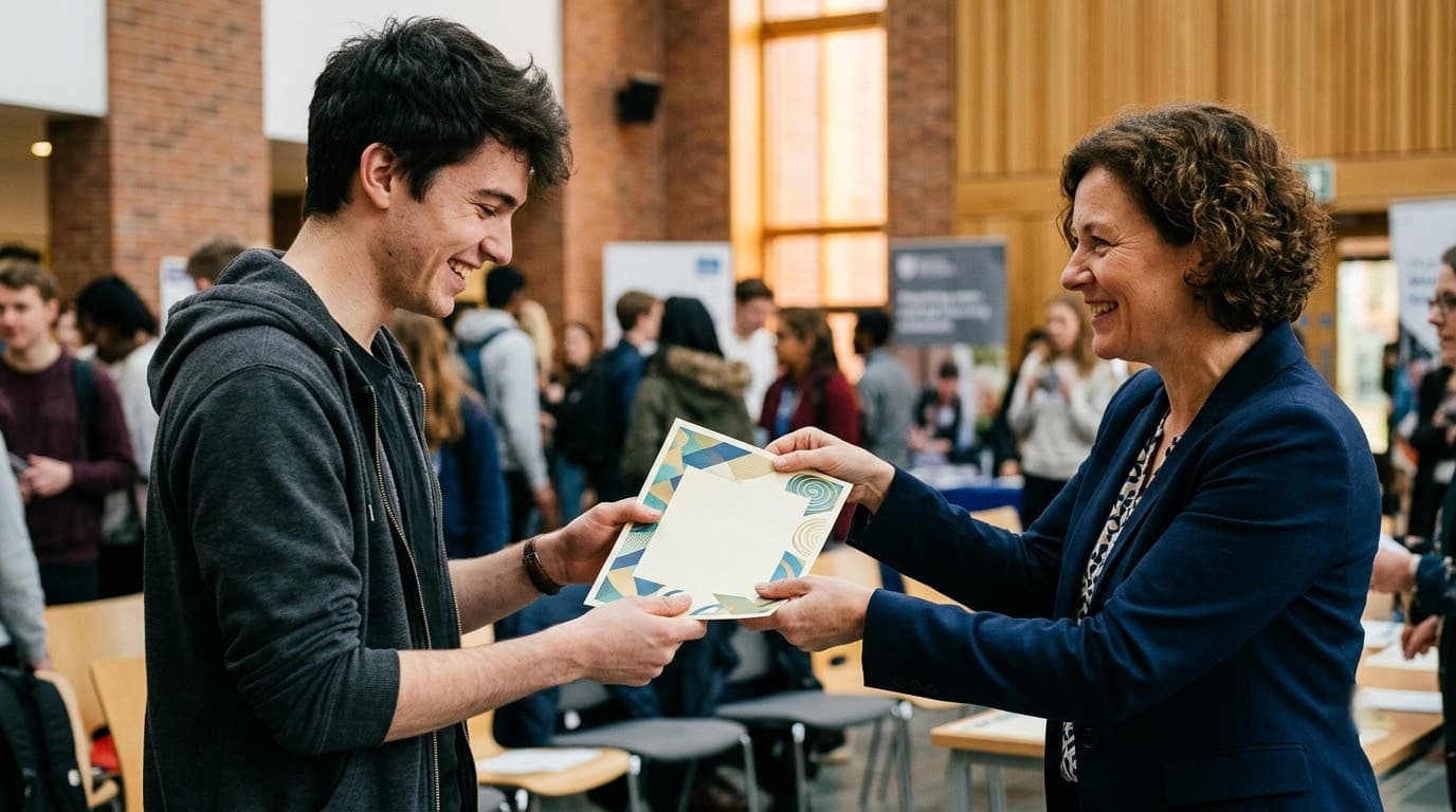 A staff member handing a certificate to a student at a small ceremony.