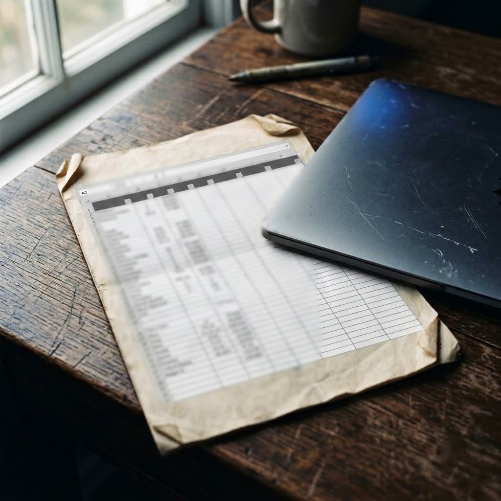 A ledger-style spreadsheet printout on a wooden desk beside a closed laptop.