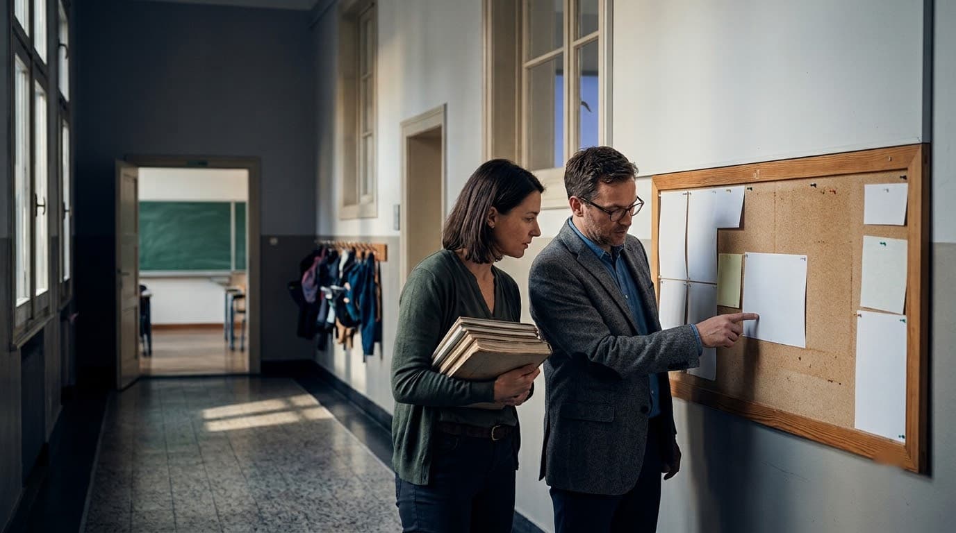 Two staff members comparing a printed timetable pinned to a corridor notice board.