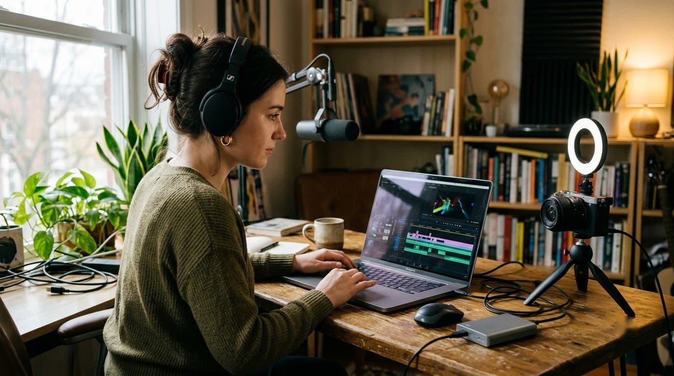 A content creator with headphones and a microphone recording video on a laptop.