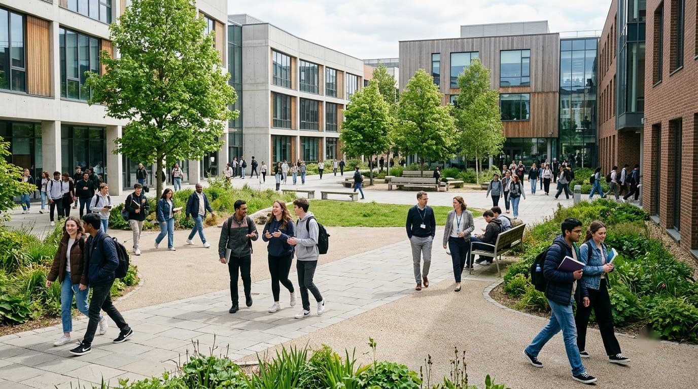 Students walking across a campus courtyard between buildings.