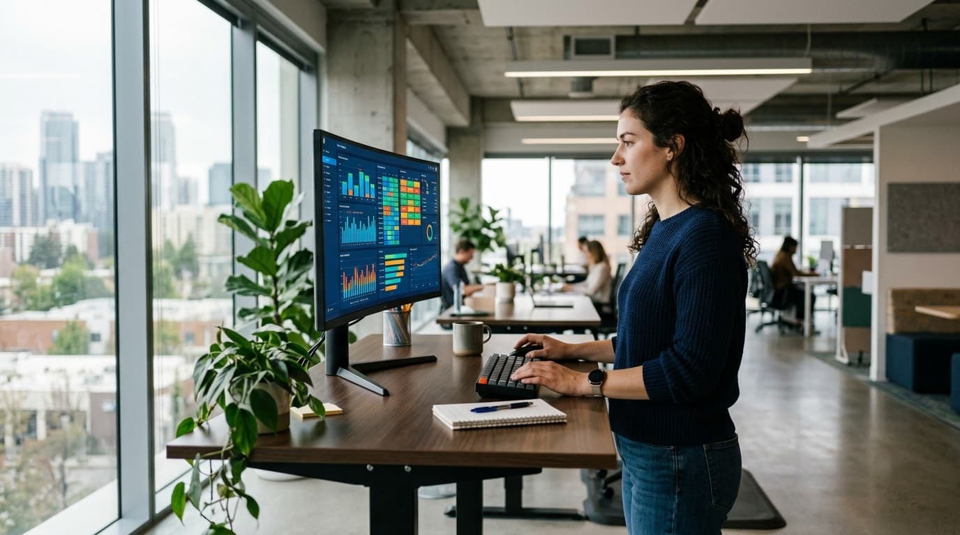 A person standing at a curved monitor showing a dashboard of bar charts and a heatmap grid.